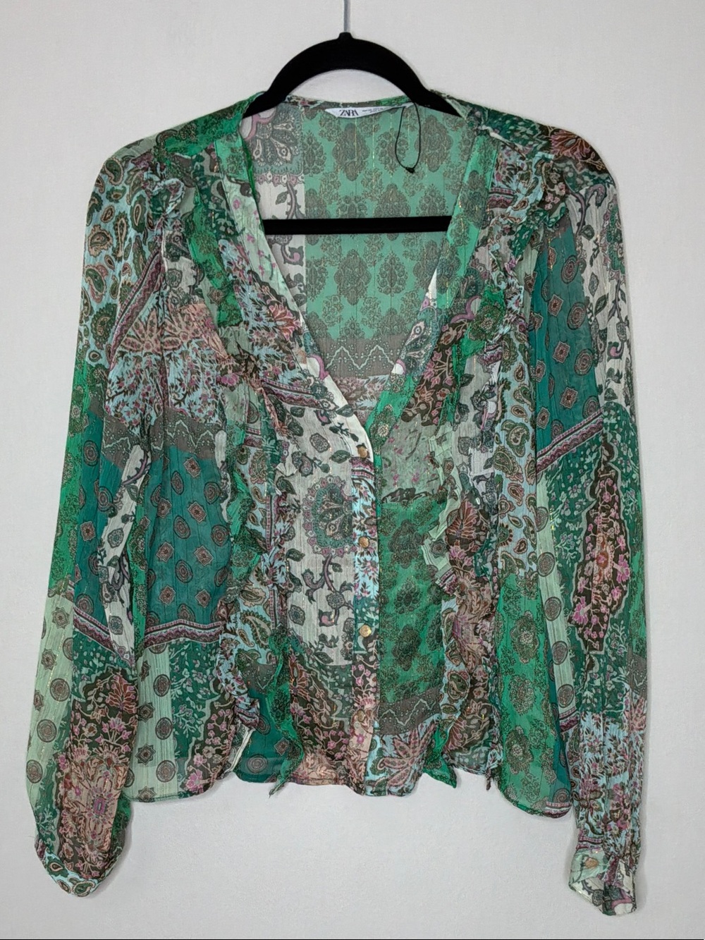 Zara Green Paisley Patchwork Sheer Ruffle Blouse